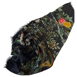 Sciarpa Gucci in seta con stampa floreale e uccelli Nero Rosa Rosso Blu Multicolore Verde Giallo