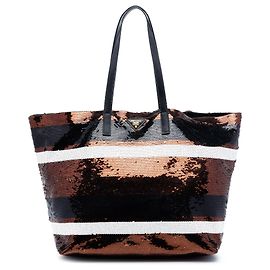 Prada Brown Sequined Satin Stripes Tote Brown Bronze