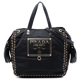 Sac à main Prada en tessuto noir avec logo Whipstitched Oro et pompon. Noir