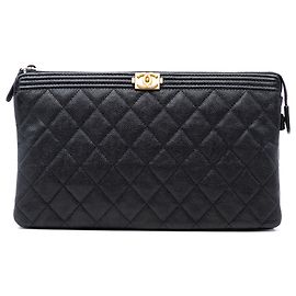 Chanel Black Quilted Caviar Boy O Case Zip Clutch Schwarz