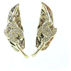 Chanel Coco Mark Leaf Design Gold Stud Earrings Golden