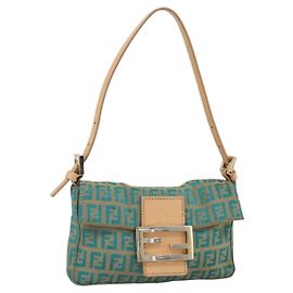 FENDI Zucchino Canvas Mamma bucket Accessory Pouch Green Silver Auth AMZ158V Silvery Green