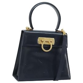 Sac à main en cuir Gancini Salvatore Ferragamo 2 en 1 Marine Or Auth gh1925 Doré Bleu Marine