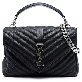 Saint Laurent Black Medium Chevron Embossed Leather Monogram College Satchel Black
