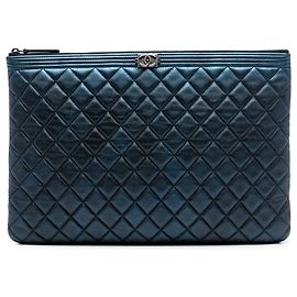 Chanel Blue Large Quilted Metallic Lambskin Boy O Case Clutch Blue Dark blue