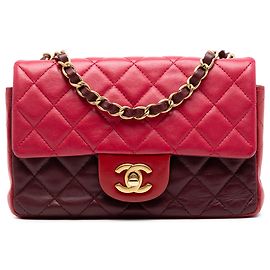 Chanel Mini Retangular Clássico Tricolor em Couro de Cordeiro Vermelho com Aba Única Outro Bordeaux
