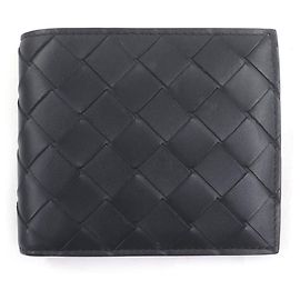 Bottega Veneta Leather Intrecciato Compact Bi-fold Wallet Black Green