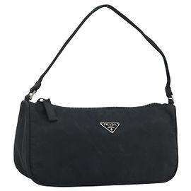 PRADA Accessory Pouch Nylon Black Silver Auth BA11668 Black Silvery