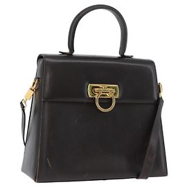 Bolsa de mão em couro Gancini Salvatore Ferragamo 2 em 1 Marrom Dourado Auth ARZ526 Marrom Dourado