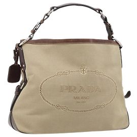 PRADA Shoulder Bag Canvas Beige Silver Auth YKZ082A Silvery Beige