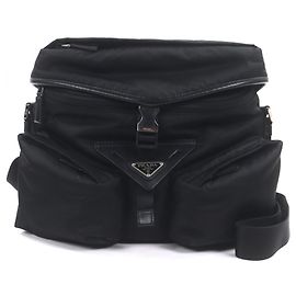 Prada Nylon Leather Re-Nylon Triangle Logo Messenger Shoulder Bag Black