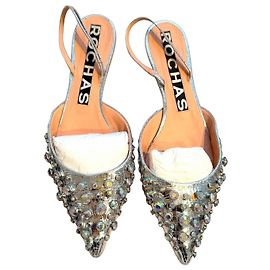 Rochas Silver Leather Slingback Mules 40 Silvery