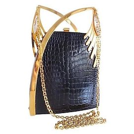 Lalique Black Crocodile Embossed Leather Evening Bag with Gold Hardware Black