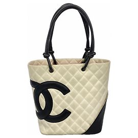 Bolsa tote de couro de cordeiro Chanel Cambon Preto Branco