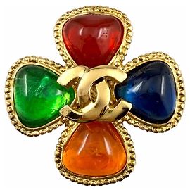 Chanel Vintage 96A Coco Mark Gripoix Flower Brooch Multiple colors Golden