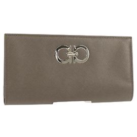 Salvatore Ferragamo Gancini Long Wallet Leather Silver Auth am9924V Silvery