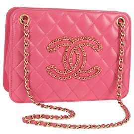 CHANEL Bolsa de Ombro Matelassé em Couro de Cordeiro Rosa Ouro CC Auth 125468SAM Rosa Dourado