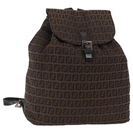 FENDI Zucchino Canvas Backpack Brown Black Auth 151350A Brown Black