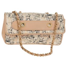 CHANEL Bolsa de Corrente Choco Bar Line Couro Algodão Bege Ouro CC Auth 152448V Bege Dourado