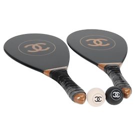 CHANEL Club Case Wood Racket and Rubber ball set Black CC Auth 131858SAV Black