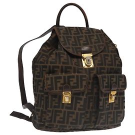 FENDI Zucca Canvas Backpack Brown Black gold Auth 91551V Brown Black Golden