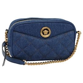 Bolsa de Ombro VERSACE Denim Azul Ouro Auth EC394V Azul Dourado