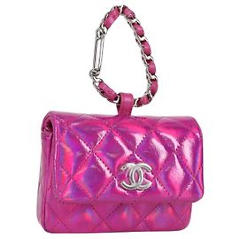 CHANEL Pochettte Matelassée Cuir Verni Rose Argent CC Auth bs29324SM Argenté Rose