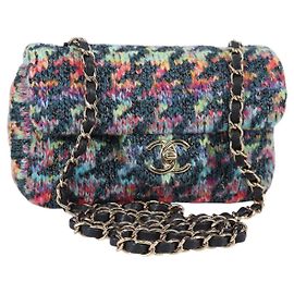 Borsa a Spalla con Catena CHANEL Tweed Blu Oro CC Auth 134856SM Blu D'oro