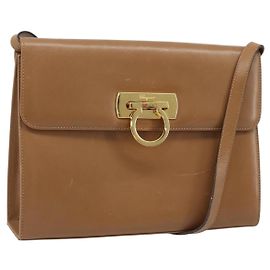 Bolsa de Ombro Gancini de Couro Marrom Dourado Salvatore Ferragamo Auth gh1940 Marrom Dourado