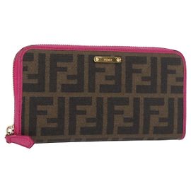 FENDI Zucca Canvas Long Wallet Black Brown Auth 154103A Brown Black