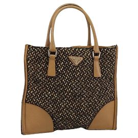 PRADA Bolso de mano de algodón marrón plateado Auth BA9135A Castaño Plata