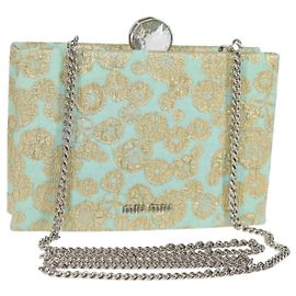 Bolsa de Ombro Miu Miu com Corrente em Algodão Azul Claro Prata Auth 118561SAM Prata Azul claro