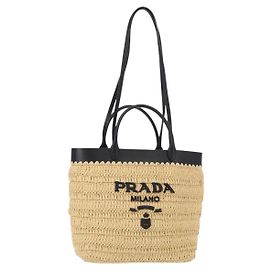 PRADA Bolsa de Mão de Couro de Palha 2 em 1 Bege Preto Auth ka156V Preto Bege