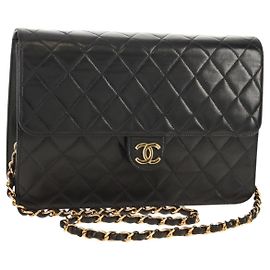 Bolsa de ombro CHANEL em couro de cordeiro preto com corrente dourada CC Auth 148654SAM Preto Dourado