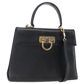 Sac à main en cuir Gancini Salvatore Ferragamo 2 en 1 Noir Or Auth BA7984 Noir Doré