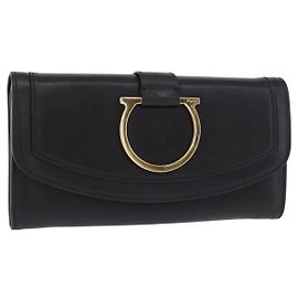 Portafoglio Lungo Gancini in Pelle Nera e Oro Auth BA8462 di Salvatore Ferragamo Nero D'oro