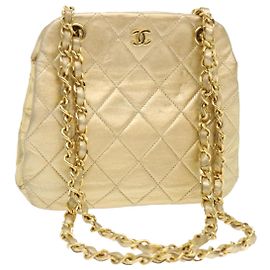 CHANEL Bolsa de Ombro Matelassé em Couro com Corrente Dourada CC Auth 53015SAM Dourado