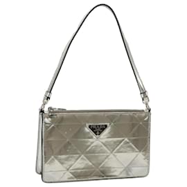 PRADA Accessory Pouch Metallic leather Silver Auth 101052SAM Silvery