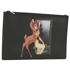 GIVENCHY Bambi Disney Collaboration Clutch Bag Leather Black Silver Auth 168923M Black Silvery