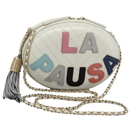 CHANEL V Stitch LA PAUSA Bolsa de Ombro com Corrente em Couro Branco CC Auth bs23014SAV Branco