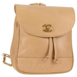 CHANEL Backpack Calf Skin Beige Gold CC Auth kk466V Beige Golden