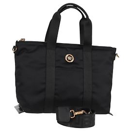 Bolsa de mão VERSACE em nylon 2 em 1 preta e dourada Auth 118727V Preto Dourado