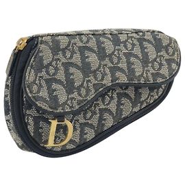 Christian Dior Trotter Canvas Satteltasche Navy Gold Auth 170701 Golden Marineblau