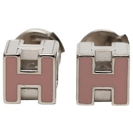 Brincos Hermès Cage D H em paládio rosa e esmalte com fecho push back Rosa
