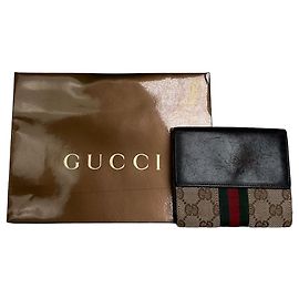 Vintage Gucci Monogram Leather Canvas Wallet Beige Brown Beige