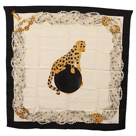 CARTIER Scarf Silk Black White Auth BA12025A Black White