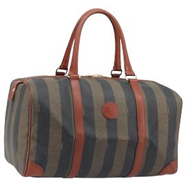 FENDI Pecan Canvas Boston Bag PVC Brown Black Auth bs34148 Brown Black