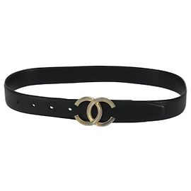 Cinto CHANEL de couro 30,3"" Preto Ouro CC Auth YKZ011 Preto Dourado