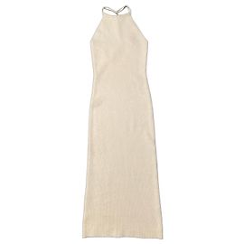 Helmut Lang Vestido longo de malha canelada com pérolas Cru