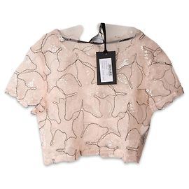 Blumarine Sheer Floral Sequin Mesh Crop Top Pink Black Women L Black